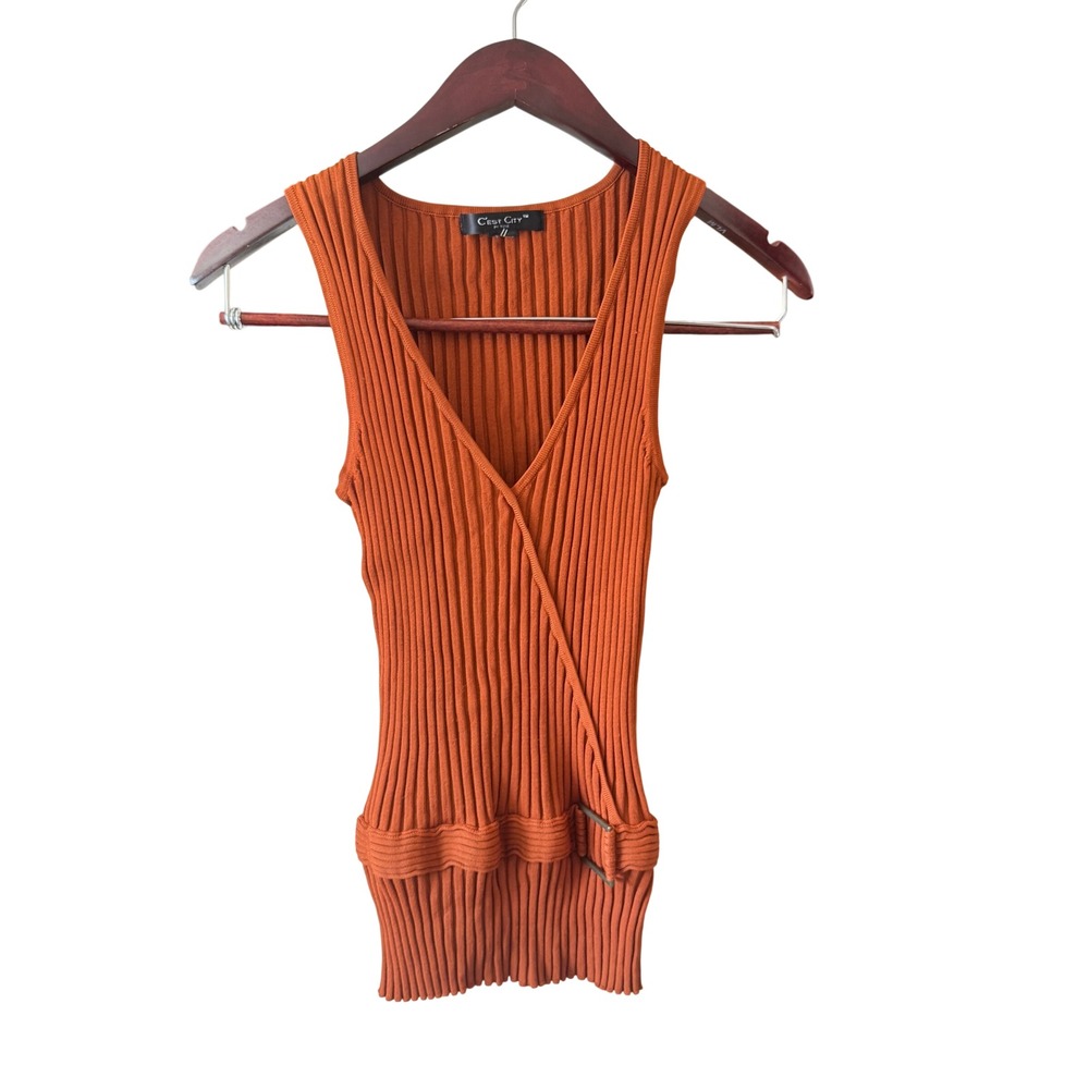 Y2K Burnt Orange Ribbed Knit Tank Top Size M V-Neck Buckle Indie Sleaze McBling